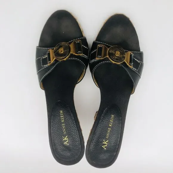 Anne Klein Wedge Sandal 7.5 Black Leather Straw Women AKHagan - Picture 10 of 15